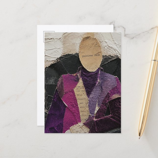 Carte Postale Un collage en techniques mixtes de papier déchiré  (Devant/Arrière en situation)