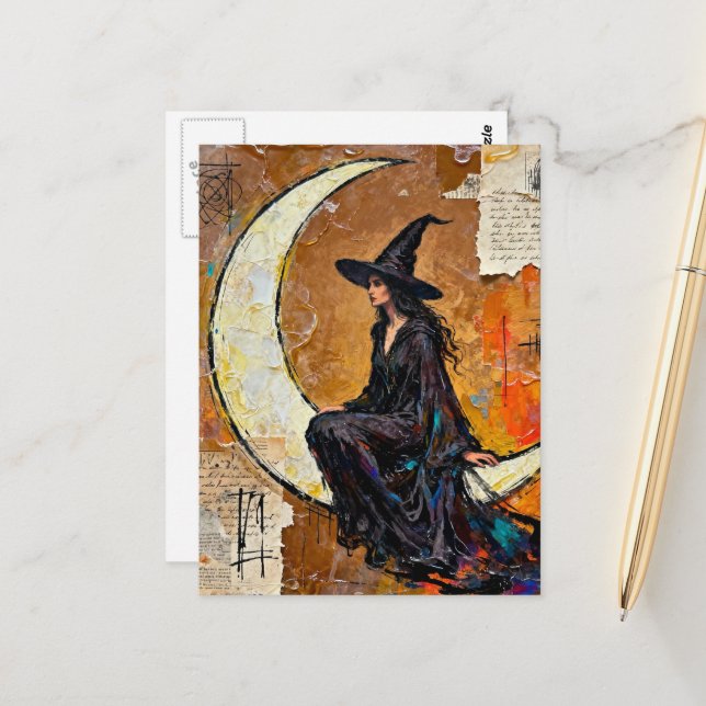 Carte Postale Un collage mixte média de sorcière (Devant/Arrière en situation)