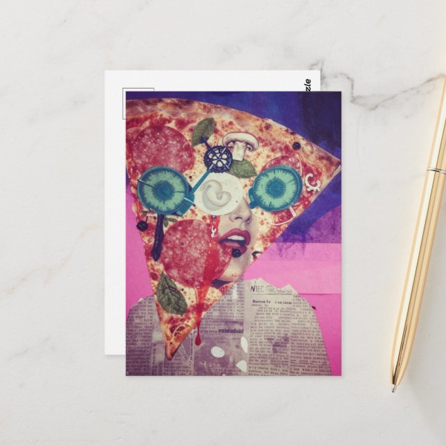 Carte Postale Un collage multimédia drôle avec un visage de pizz (Devant/Arrière en situation)