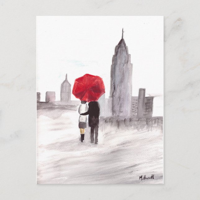 Carte Postale Un couple d'amour à New York avec parapluie rouge (Devant)