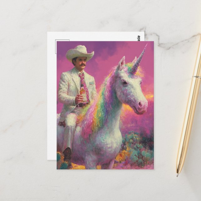 Carte Postale Un cowboy à la licorne dans le désert (Devant/Arrière en situation)