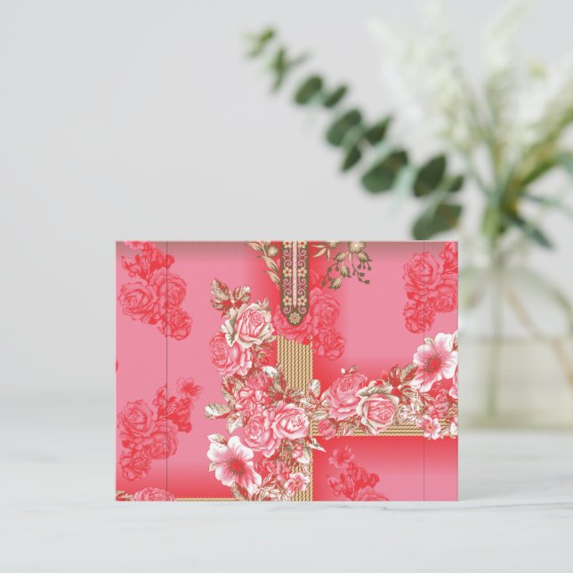 Carte Postale un design d'arrière - plan rose et or avec un roug (Debout devant)