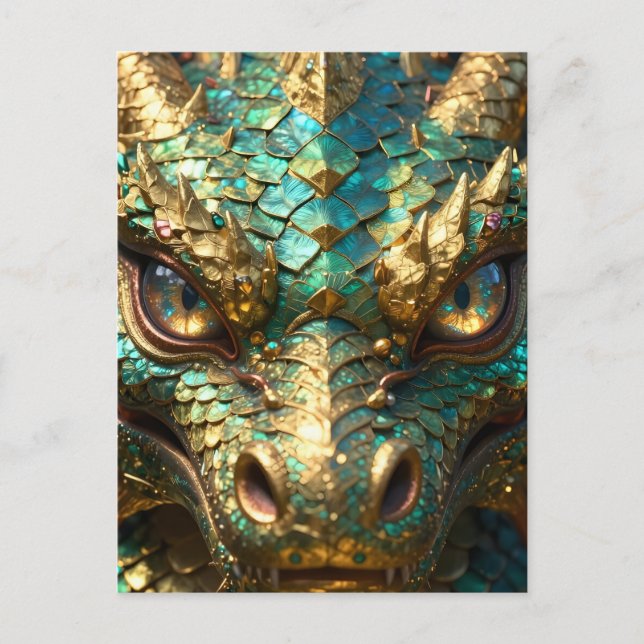 Carte Postale Un dragon mystique turquoise et or (Devant)