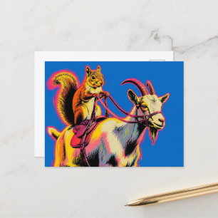 Carte Postale Un écureuil chevauchant un chèvre Pop Art