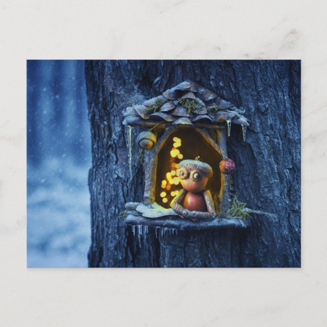 Carte Postale Un elfe de maïs regardant par la fenêtre l'hiver (Devant)