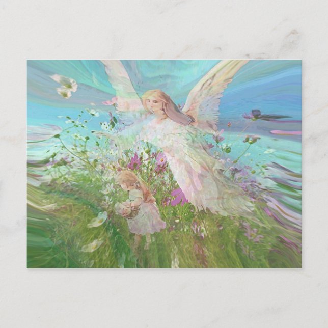 Carte Postale Un enfant ramasse des fleurs dans un champ. (Devant)