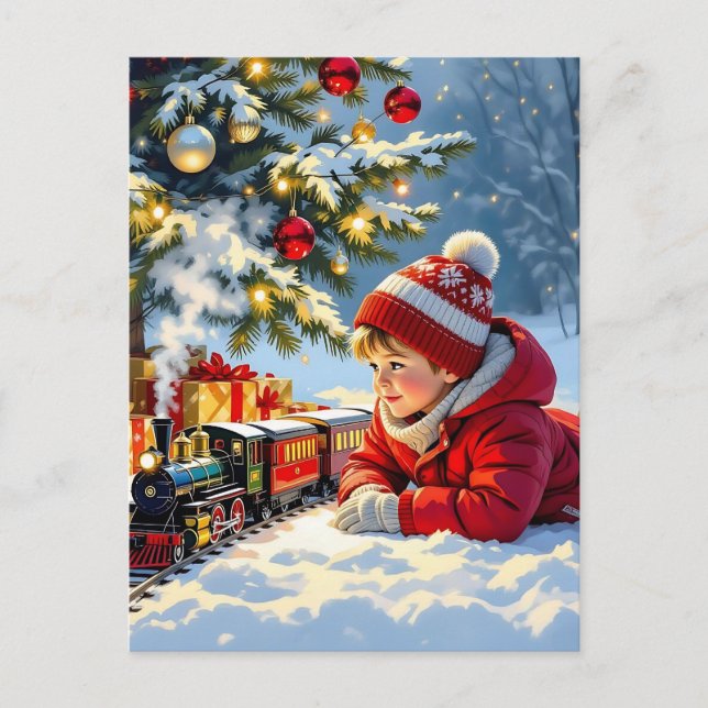 Carte Postale Un garçon et son train de Noël (Devant)