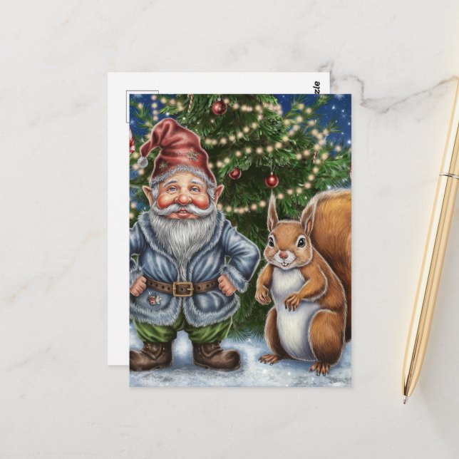 Carte Postale Un Gnome drôle et Noël d'écureuil (Devant/Arrière en situation)