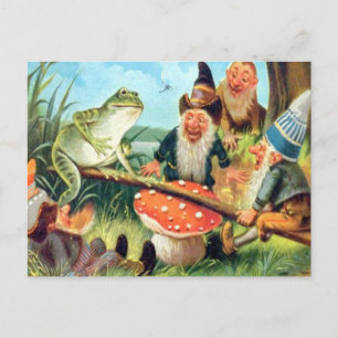 Carte Postale Un Gnome et une grenouille sur une scie de champig