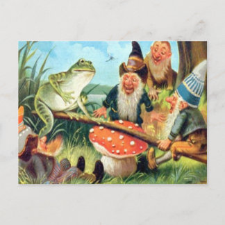 Carte Postale Un Gnome et une grenouille sur une scie de champig