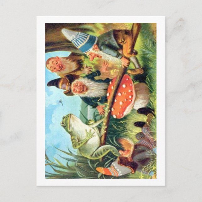 Carte Postale Un Gnome et une grenouille sur une scie de champig (Devant)