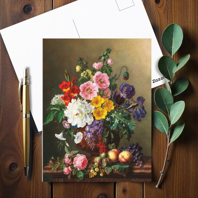 Carte Postale Un grand bouquet de fleurs avec pêches et raisins (Créateur téléchargé)