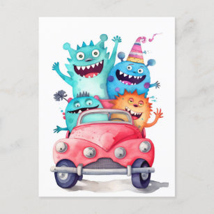 Carte Postale Un groupe de monstres rigolos conduit en voiture. 