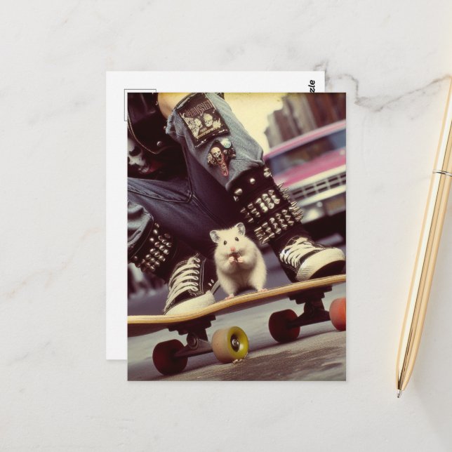 Carte Postale Un hamster de skateboard dans la ville Retro Punk (Devant/Arrière en situation)
