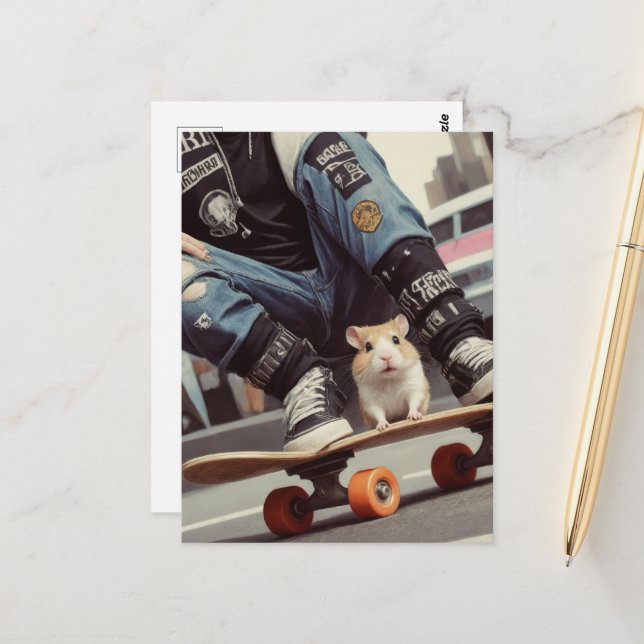 Carte Postale Un hamster de skateboard dans la ville Retro Punk (Devant/Arrière en situation)