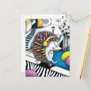 Carte Postale Un hérisson coloré surréaliste et drôle écoute de 