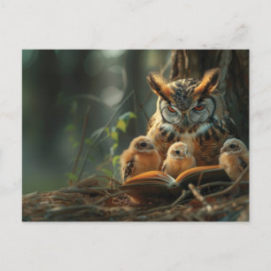 Carte Postale Un hibou lisant un livre à de petits poussins