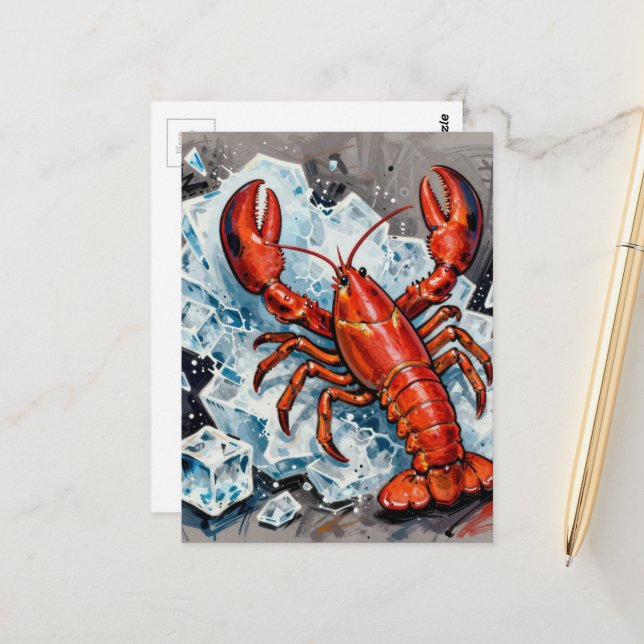 Carte Postale Un homard du Maine en colère brisant la glace (Devant/Arrière en situation)