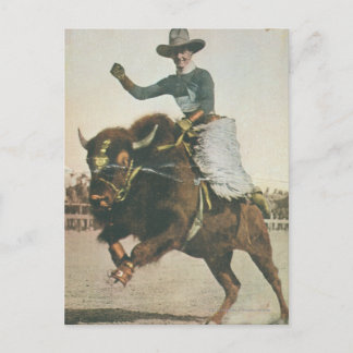 Carte Postale Un joyeux cowboy sur un bison rebutant.
