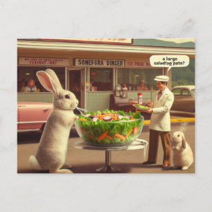 Carte Postale Un lapin amusant commande une salade à un Diner AI
