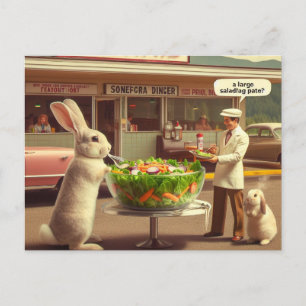 Carte Postale Un lapin amusant commande une salade à un Diner AI