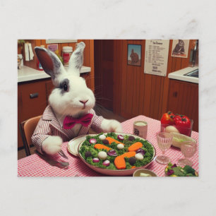 Carte Postale Un lapin amusant commande une salade à un Diner AI