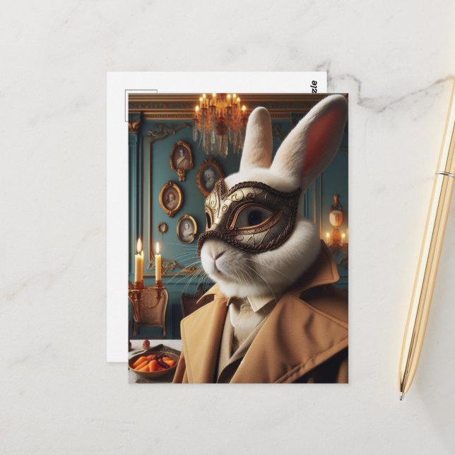 Carte Postale Un lapin dans un masque (Devant/Arrière en situation)
