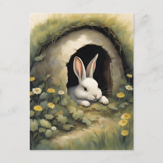 Carte Postale Un lapin douillet dans un Burrow (Devant)