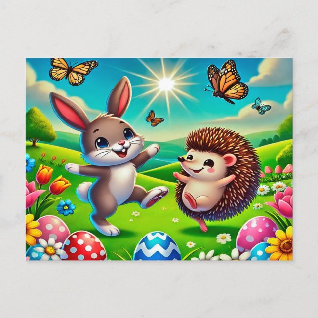 Carte Postale Un lapin et un hérisson heureux (Devant)