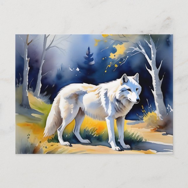 Carte Postale Un loup dans une peinture à l'aquarelle de forêt (Devant)