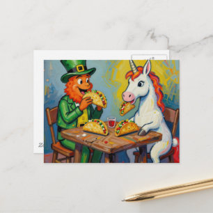 Carte Postale Un lutin et une licorne mangeant des tacos