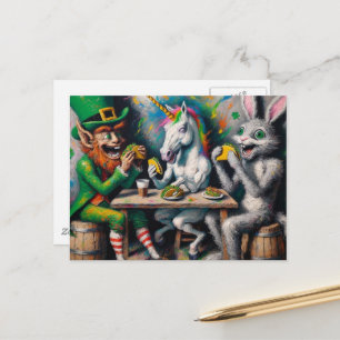 Carte Postale Un lutin, une licorne et un lapin mangeant des tac