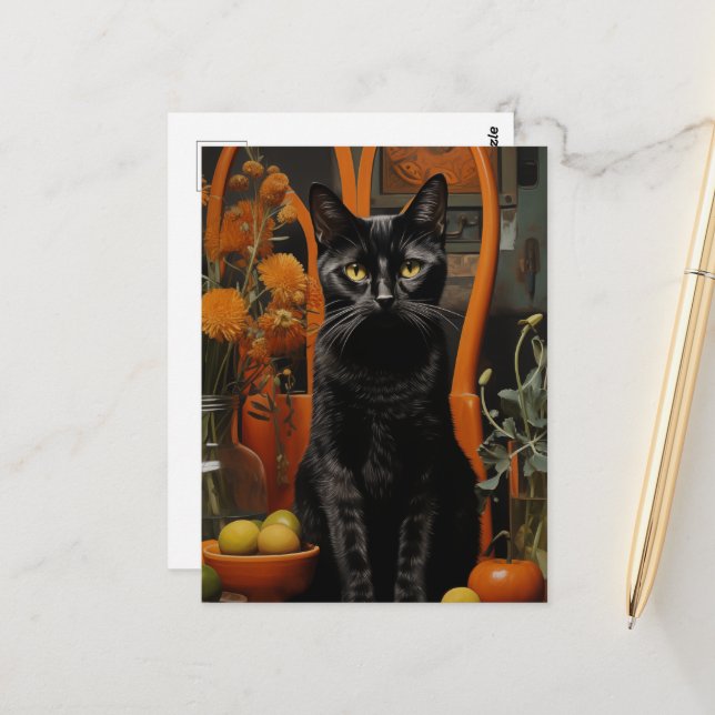 Carte Postale Un magnifique chat noir dans une chaise orange (Devant/Arrière en situation)
