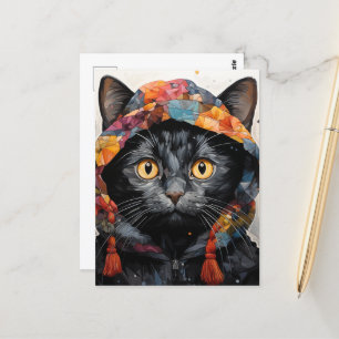 Carte Postale Un magnifique chat noir dans une veste colorée