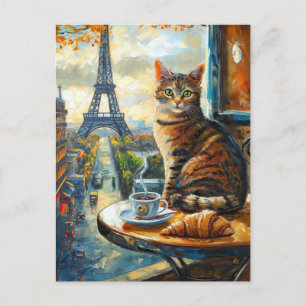 Carte Postale Un matin à Paris Chat tigré dans un café