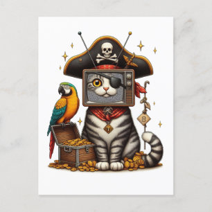 Carte Postale Un mignon chat pirate avec la télévision à la tête