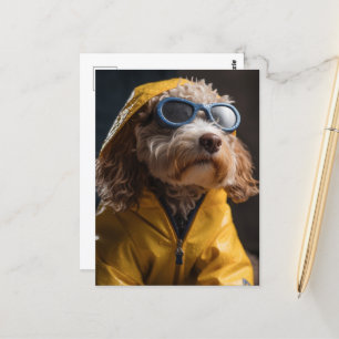 Carte Postale Un mignon chien en imperméable jaune