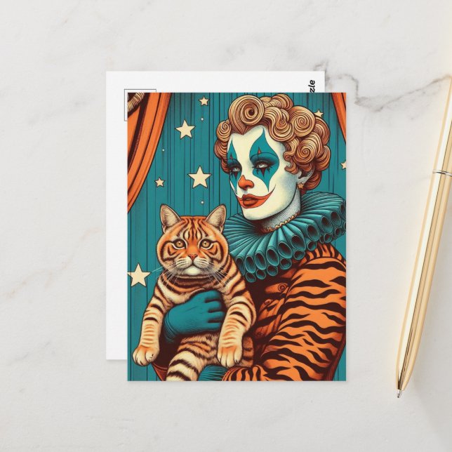 Carte Postale Un mignon clown et un chat à gingembre tabby (Devant/Arrière en situation)