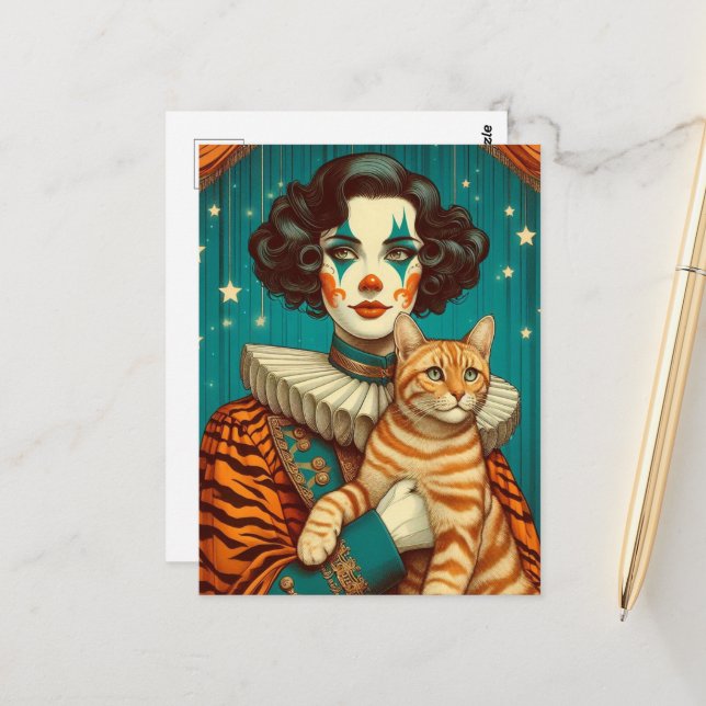 Carte Postale Un mignon clown et un chat à gingembre tabby (Devant/Arrière en situation)