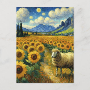 Carte Postale Un mouton dans le champ de tournesol Faux Van Gogh