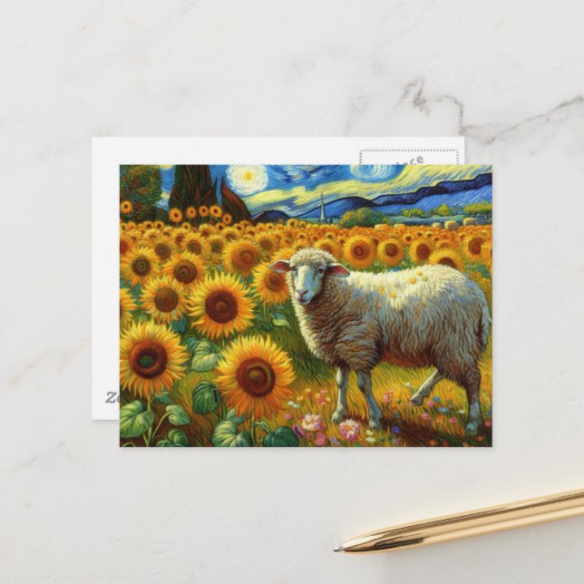 Carte Postale Un mouton dans un champ de tournesols (Devant/Arrière en situation)