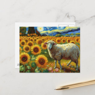 Carte Postale Un mouton dans un champ de tournesols