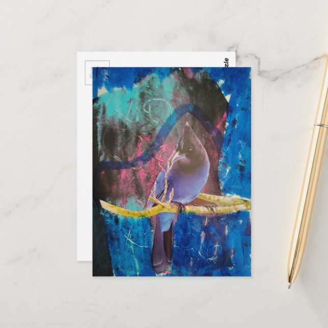 Carte Postale Un oiseau qui est bleu Collage en techniques mixte (Devant/Arrière en situation)