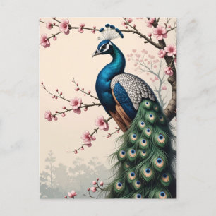 Carte Postale Un paon dans un arbre à fleurs de cerisiers