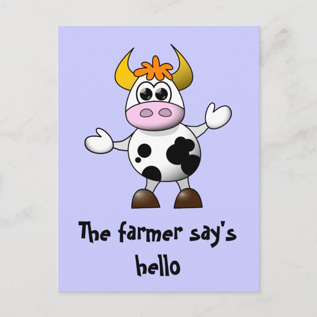 Carte Postale Un paysan dit Hello Funny Cartoon Cow (Devant)