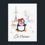 Carte Postale Un pingouin à Paris<br><div class="desc">Notre mignon pingouin noir et blanc sort avec une flamme parisienne et la phrase française, " Je t'aime" - "Je t'aime".</div>