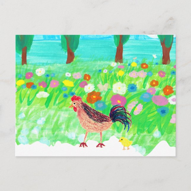 Carte Postale Un poulet et un bébé poussin marchant dans le jard (Devant)