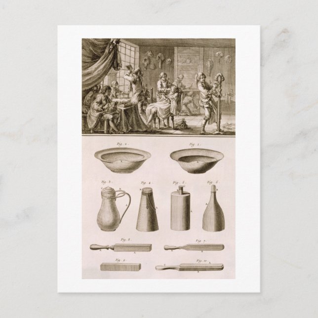 Carte Postale Un salon de coiffure et des outils de coiffeur, de (Devant)