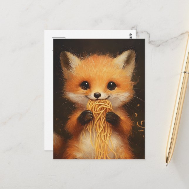 Carte Postale Un super mignon bébé renard rouge mangeant spaghet (Devant/Arrière en situation)
