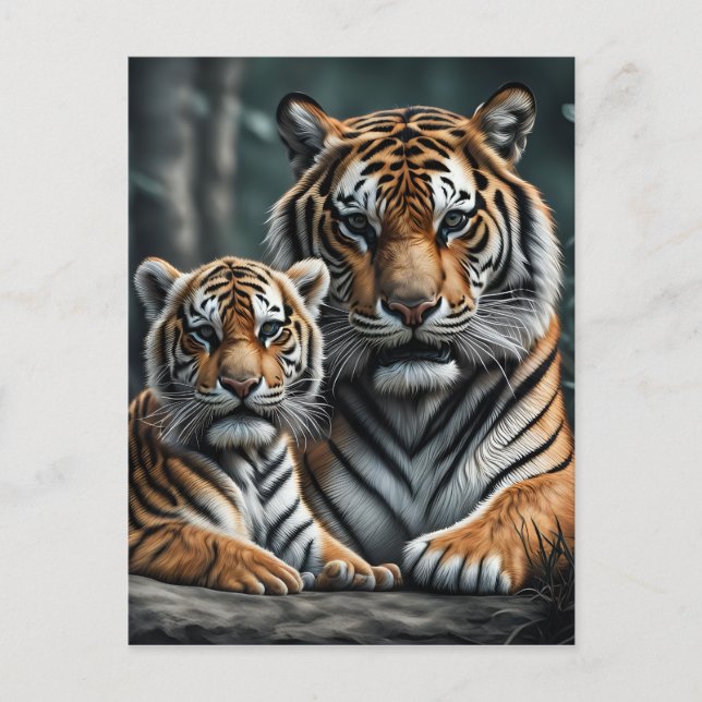 Carte Postale Un tigre avec son petit (Devant)